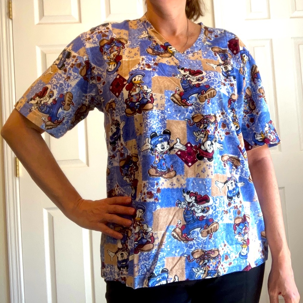 Vintage Disney Mickey Unlimited Patchwork Print V-Neck Tee Mickey & Friends!